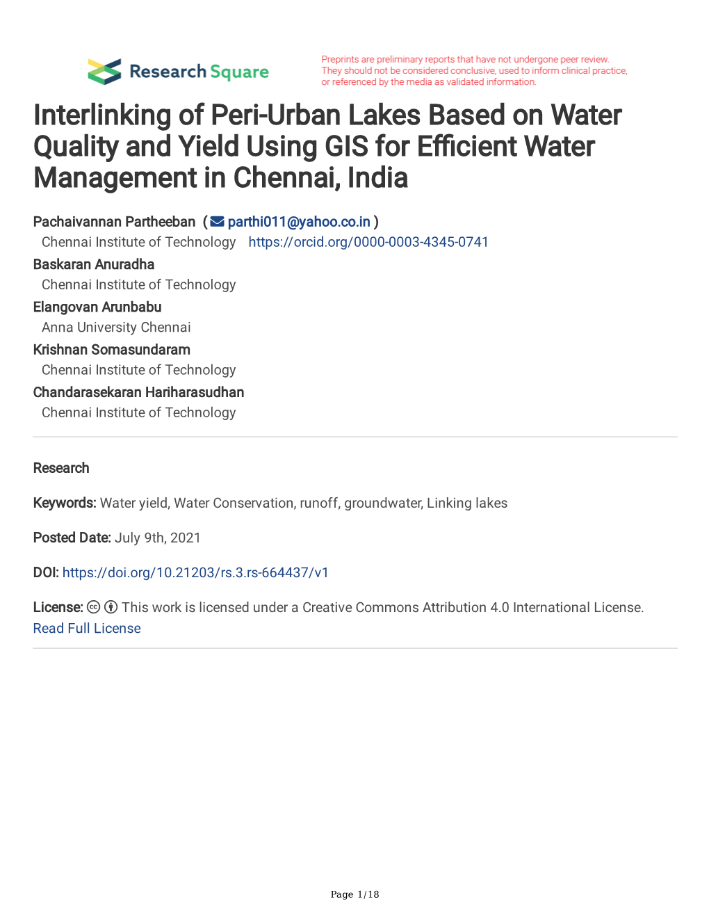 Interlinking of Peri-Urban Lakes Based on Water Quality and Yield Using GIS for Efcient Water Management in Chennai, India