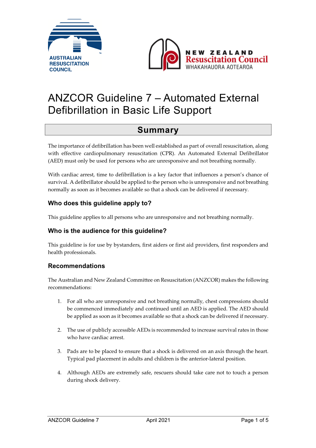 ANZCOR Guideline 7 – Automated External Defibrillation in Basic Life Support