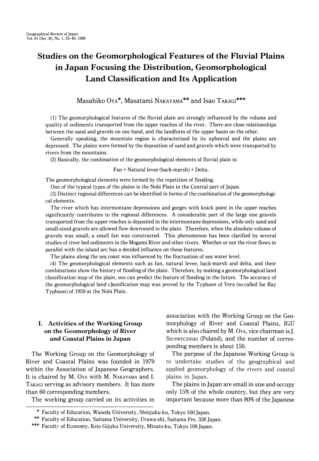 Studies on the Geomorphological Features of the Fluvial Plains in Japan Focusing the Distribution, Geomorphological Land Classification and Its Application