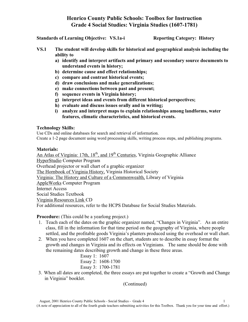 Toolbox for Instruction Grade 4 Social Studies: Virginia Studies (1607-1781)