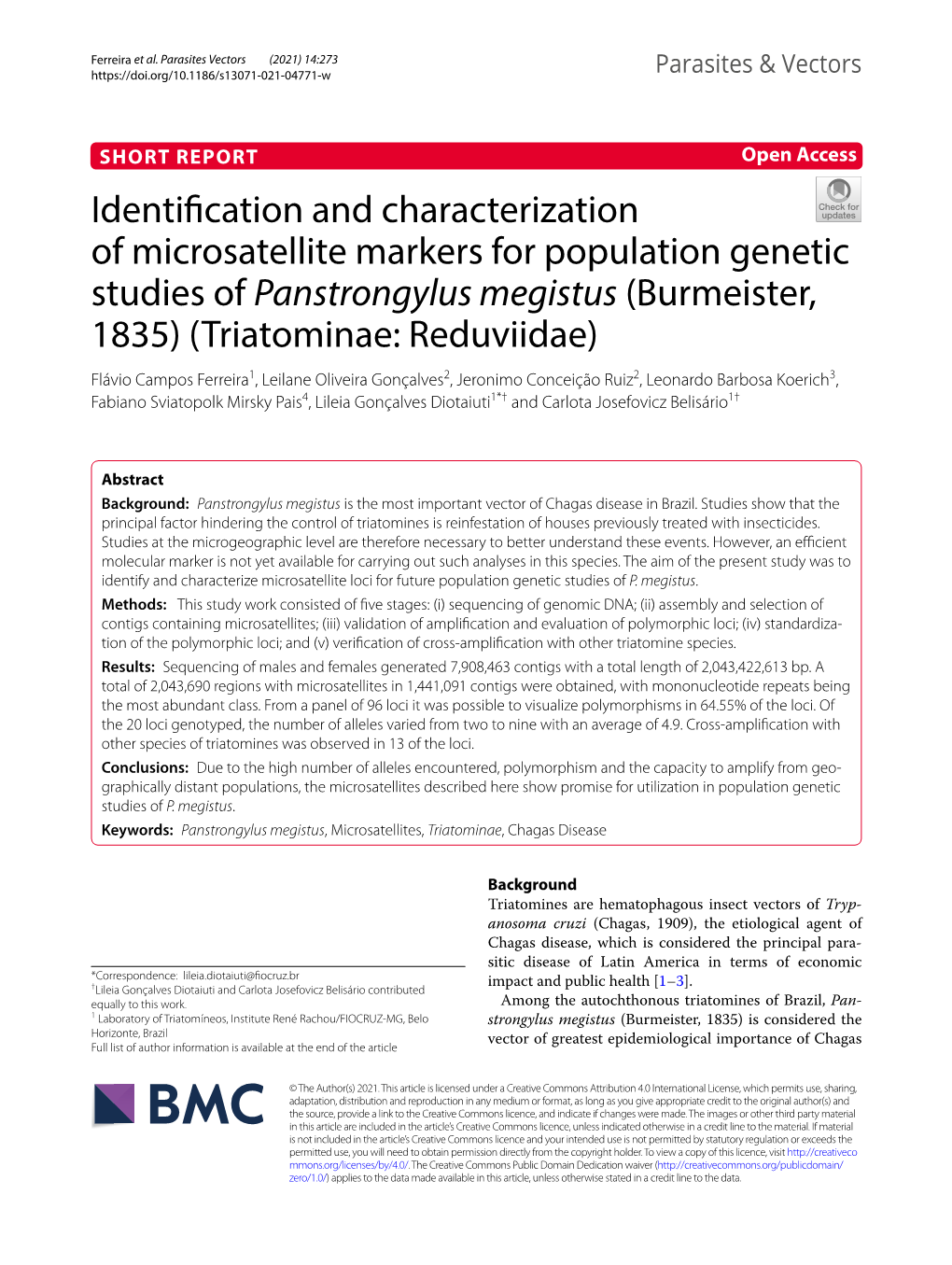 Identification and Characterization of Microsatellite Markers for Population Genetic Studies of Panstrongylus Megistus (Burmeist