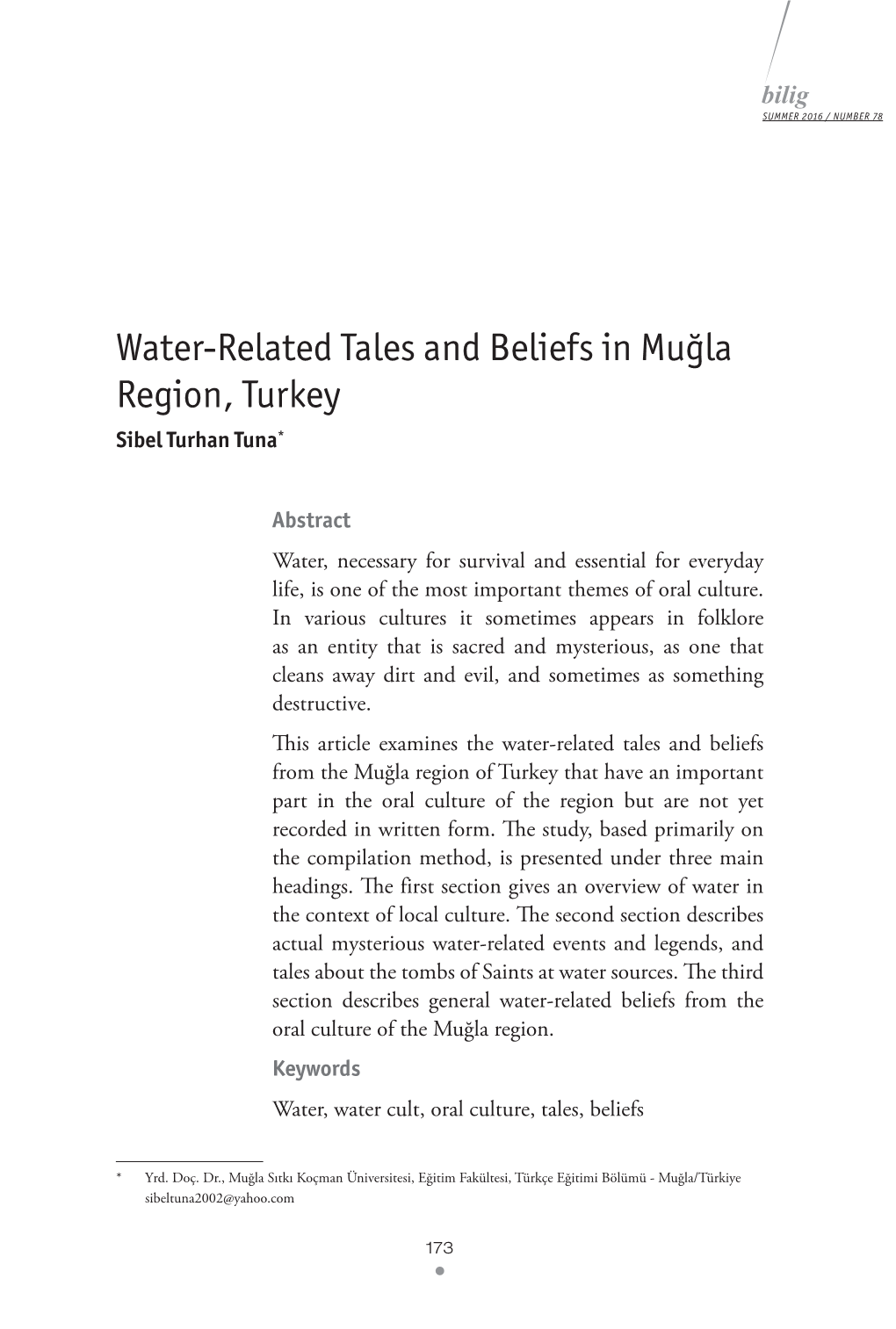 Water-Related Tales and Beliefs in Muğla Region, Turkey Sibel Turhan Tuna*