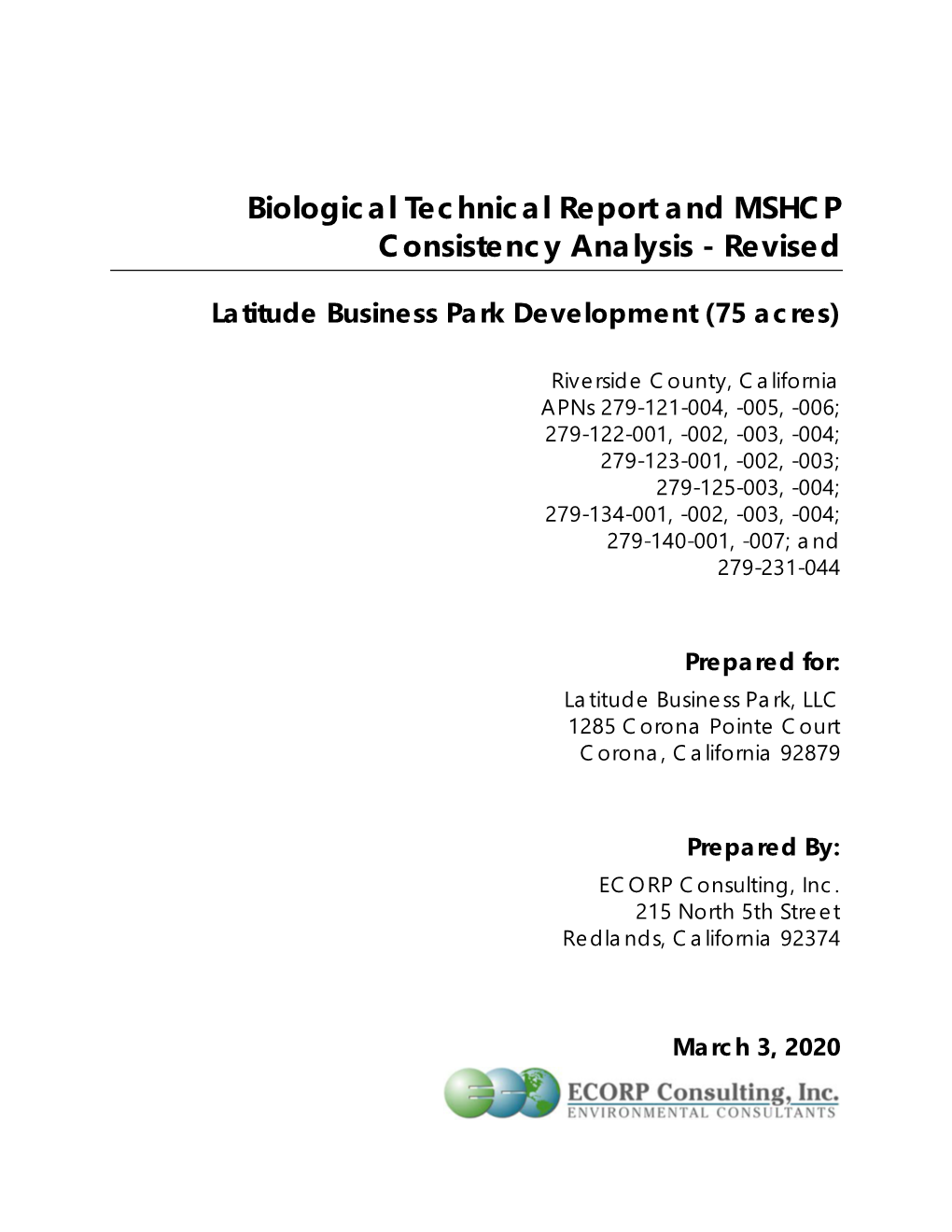 Biological Technical Report and MSHCP Consistency Analysis - Revised