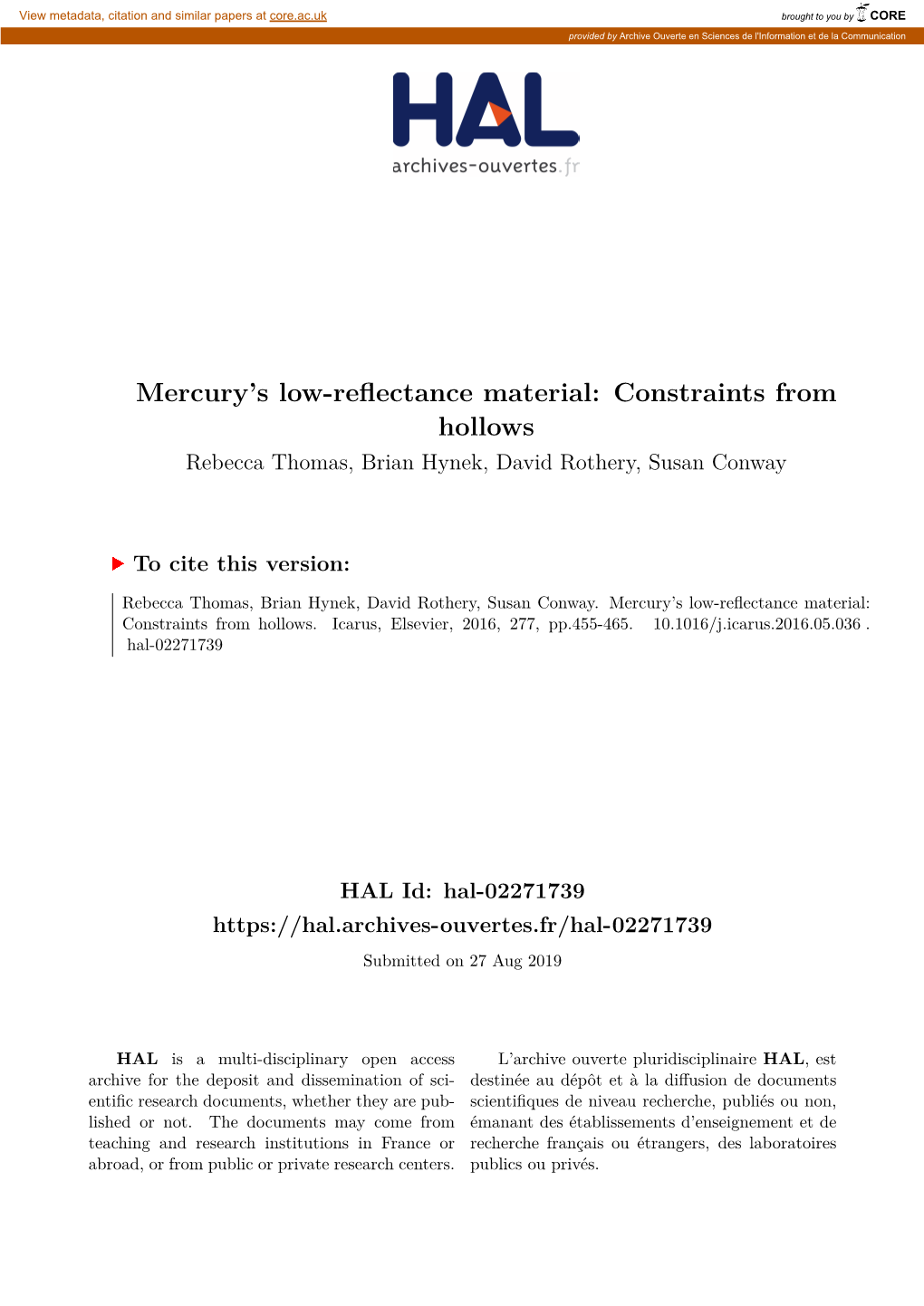 Mercury's Low-Reflectance Material: Constraints from Hollows