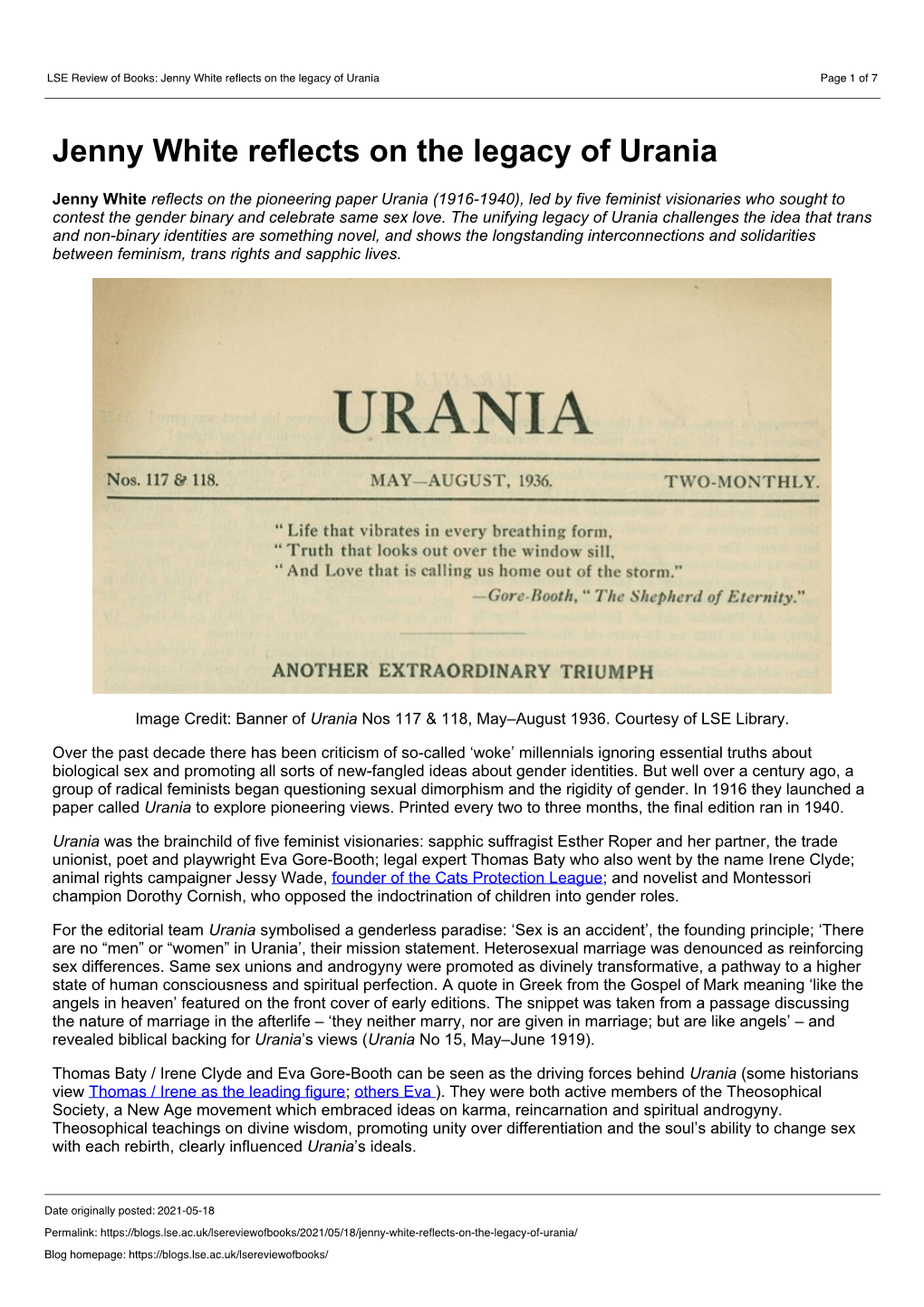 LSE Review of Books: Jenny White Reflects on the Legacy of Urania Page 1 of 7