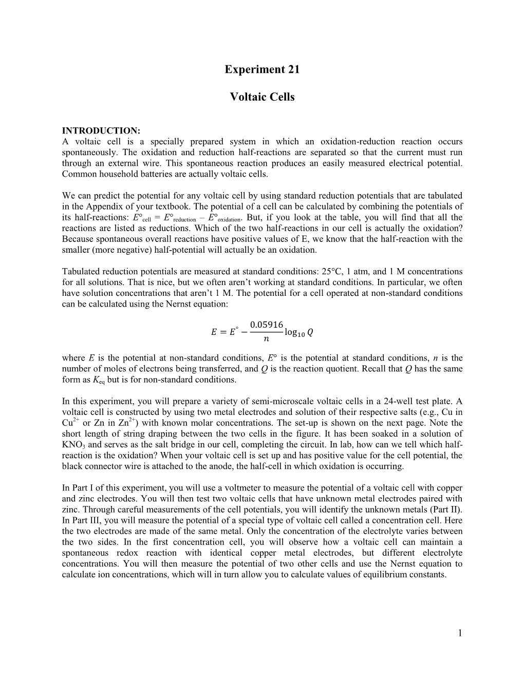 Experiment 21 Voltaic Cells