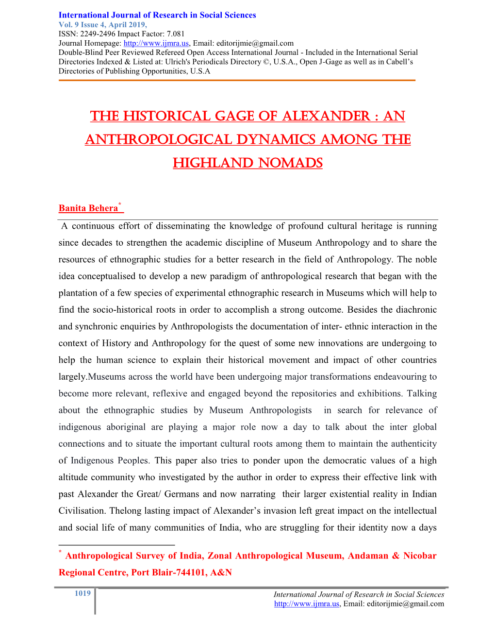 An Anthropological Dynamics Among the Highland Nomads