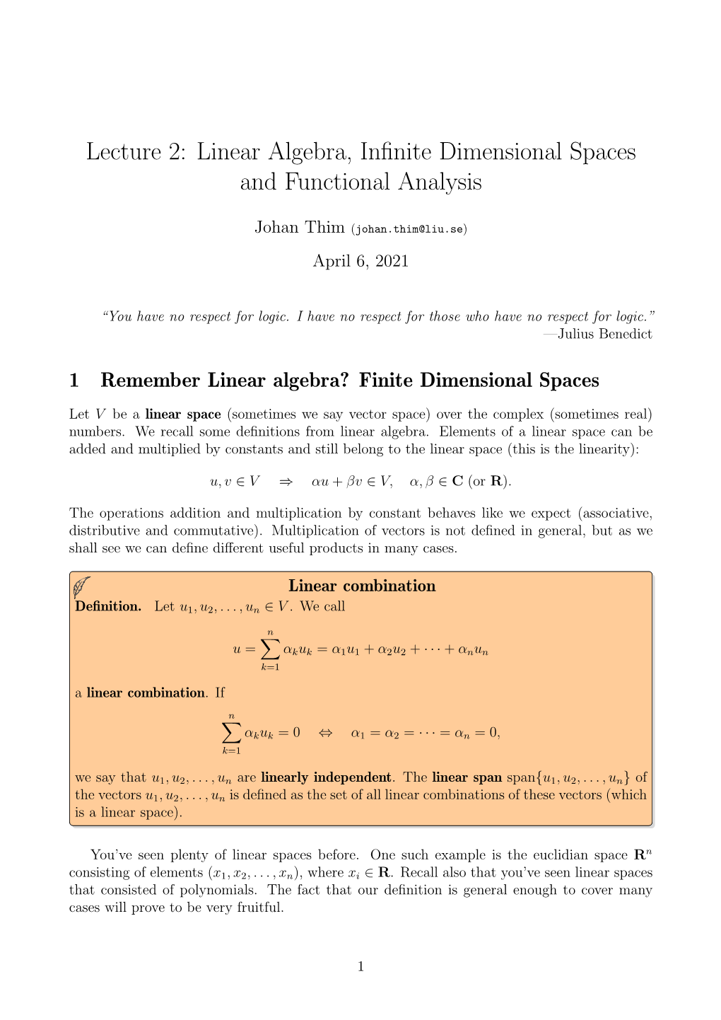 Lecture 2: Linear Algebra, Infinite Dimensional Spaces And