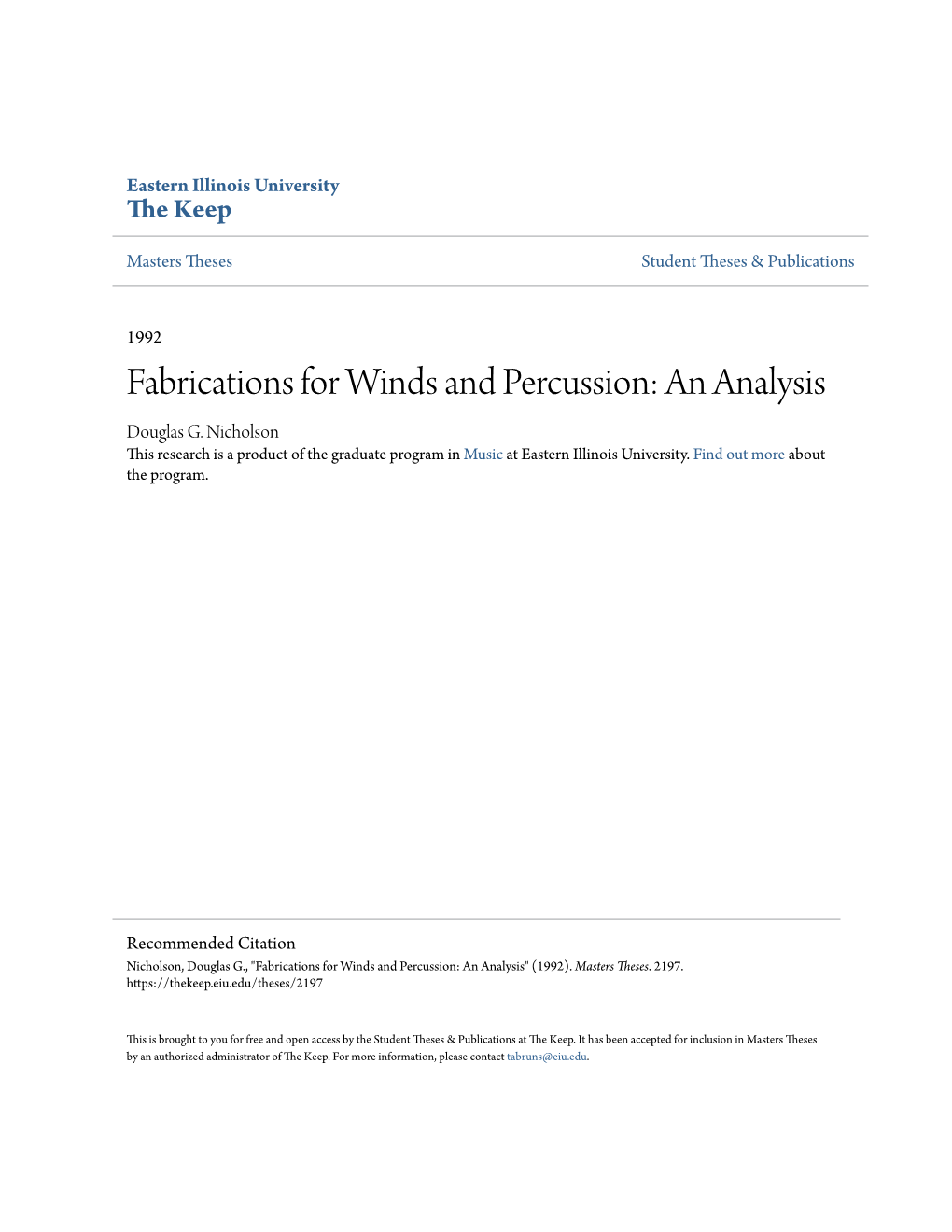 Fabrications for Winds and Percussion: an Analysis Douglas G