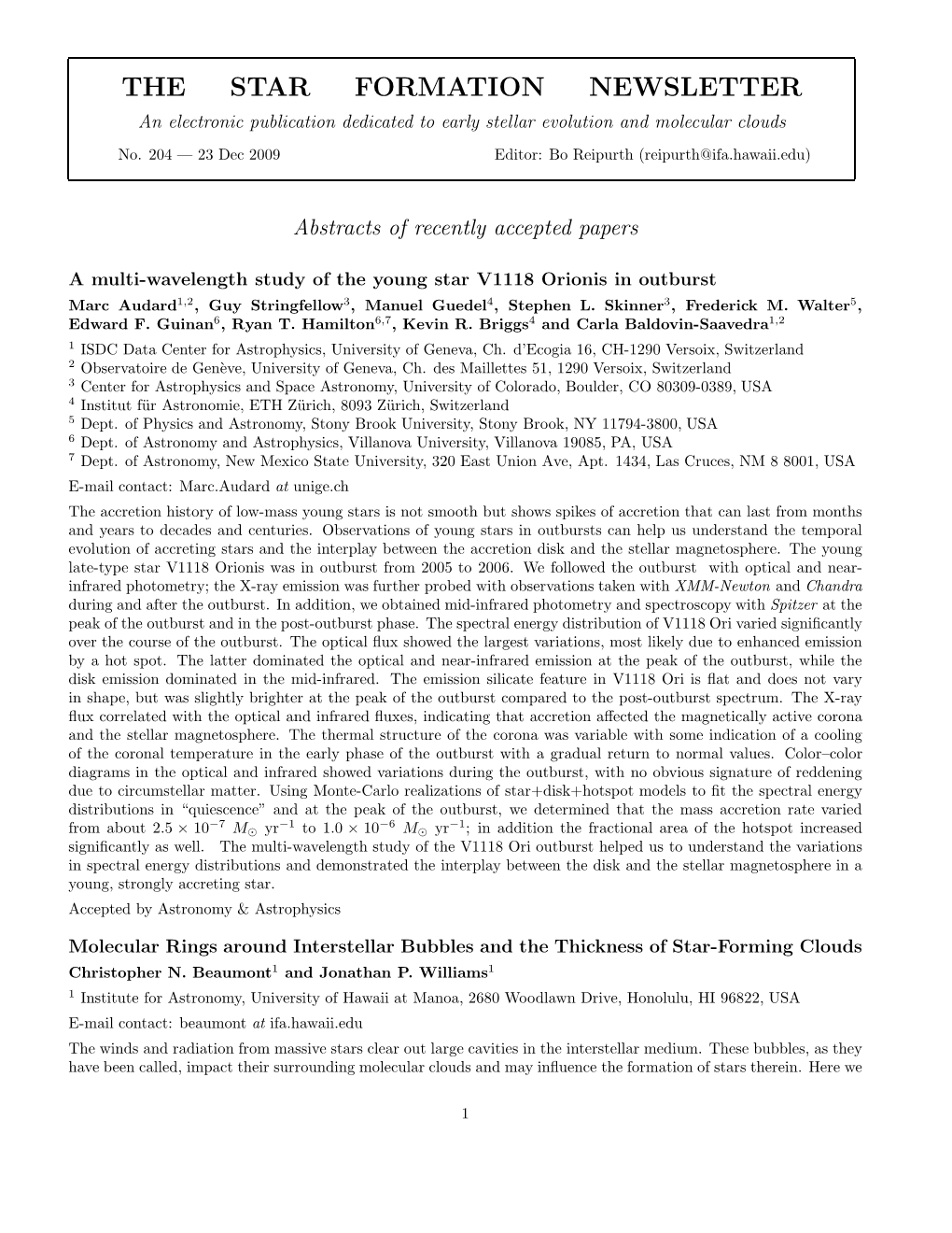 THE STAR FORMATION NEWSLETTER an Electronic Publication Dedicated to Early Stellar Evolution and Molecular Clouds