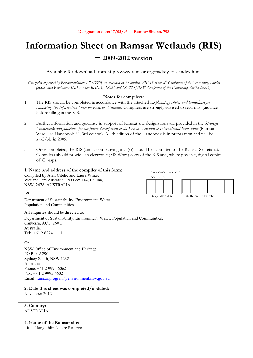 Information Sheet on Ramsar Wetlands (RIS) – 2009-2012 Version