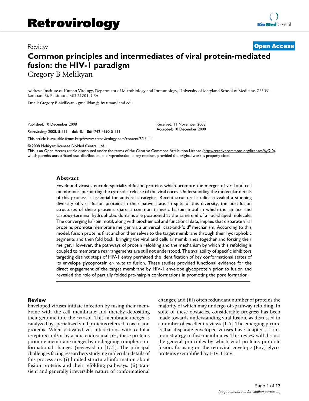 Common Principles and Intermediates of Viral Protein-Mediated Fusion: the HIV-1 Paradigm Gregorybmelikyan