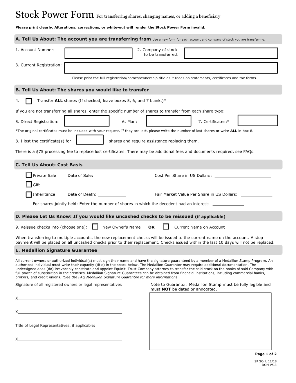 Stock Power and Transfer Instructions