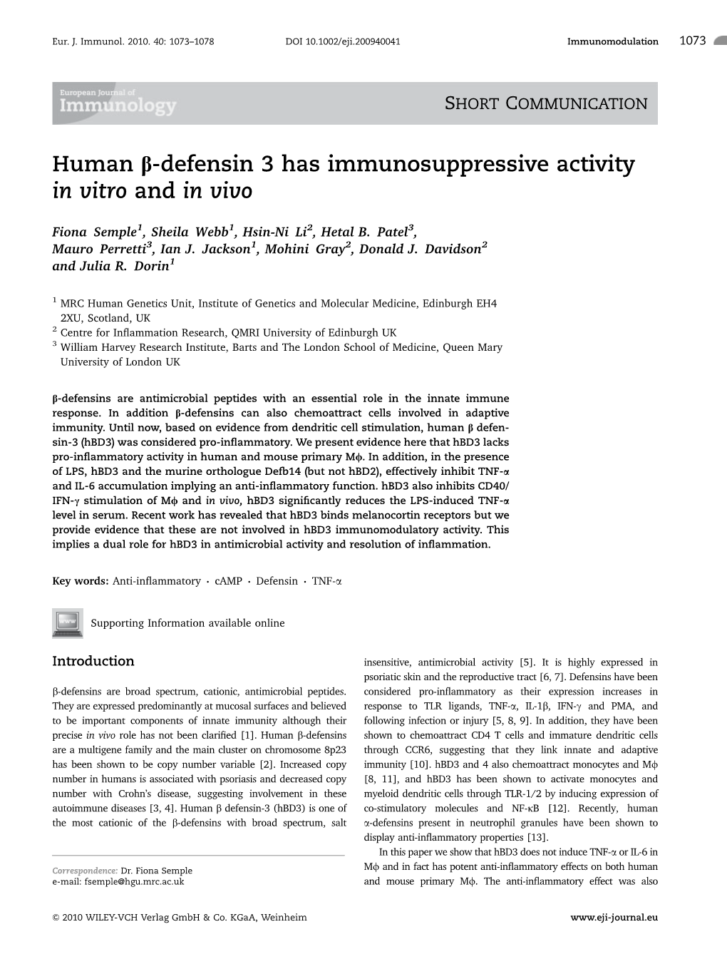 Human B-Defensin 3 Has Immunosuppressive Activity in Vitro and in Vivo