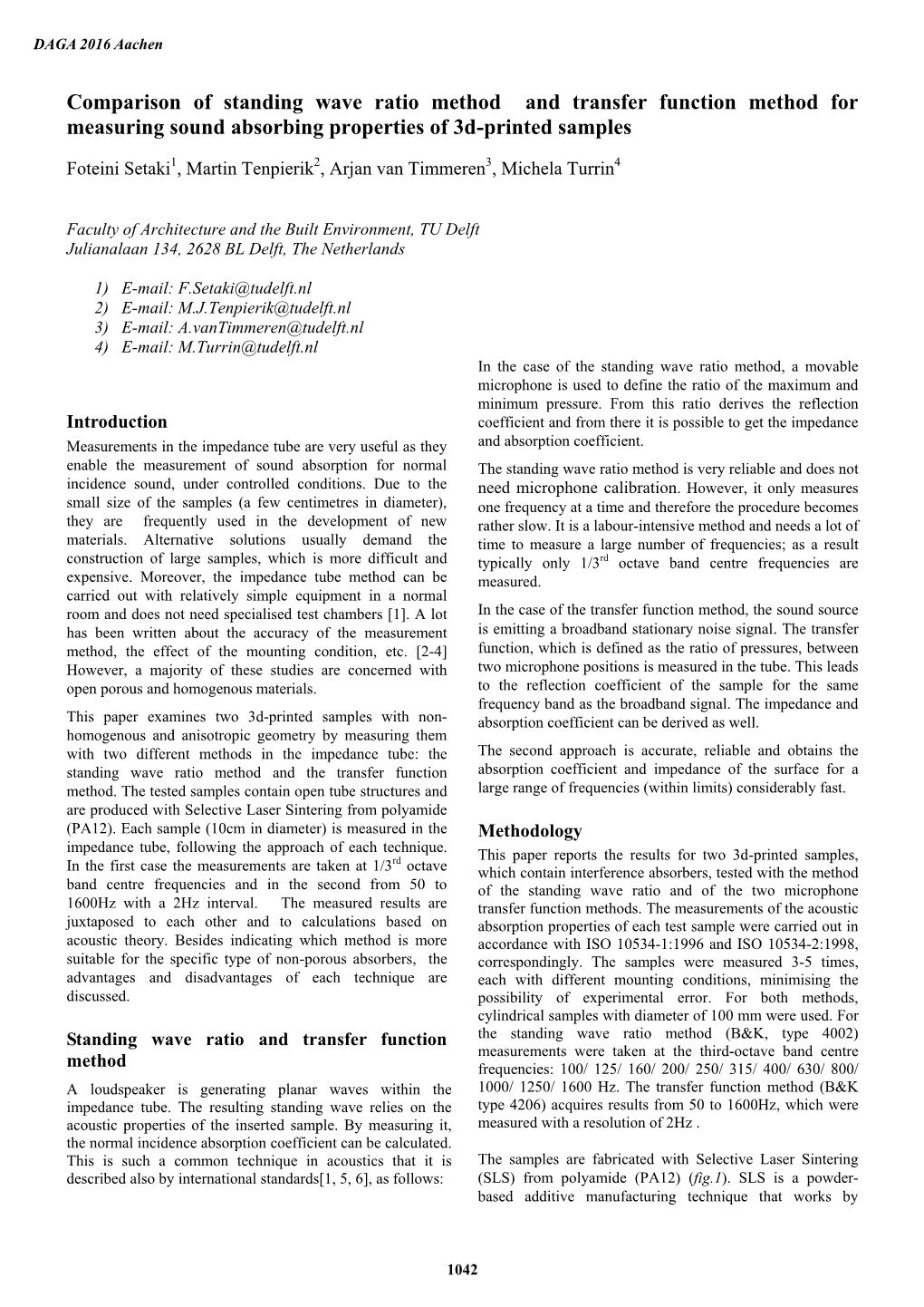 Comparison of Standing Wave Ratio Method and Transfer Function Method for Measuring Sound Absorbing Properties of 3D-Printed Samples