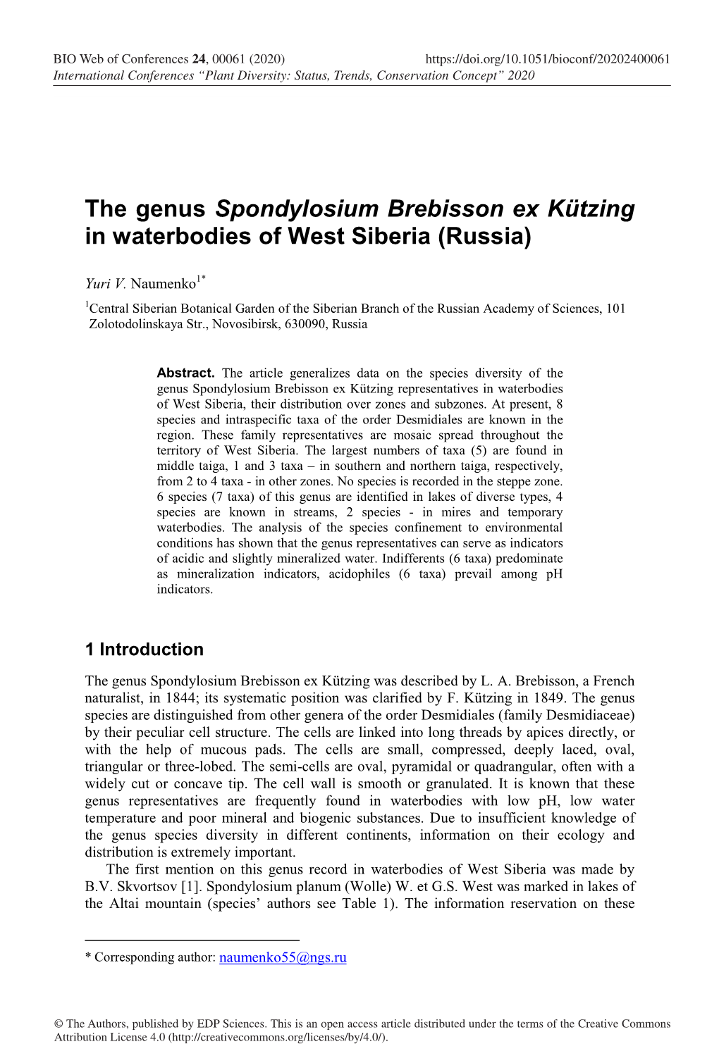 The Genus Spondylosium Brebisson Ex Kützing in Waterbodies of West Siberia (Russia)