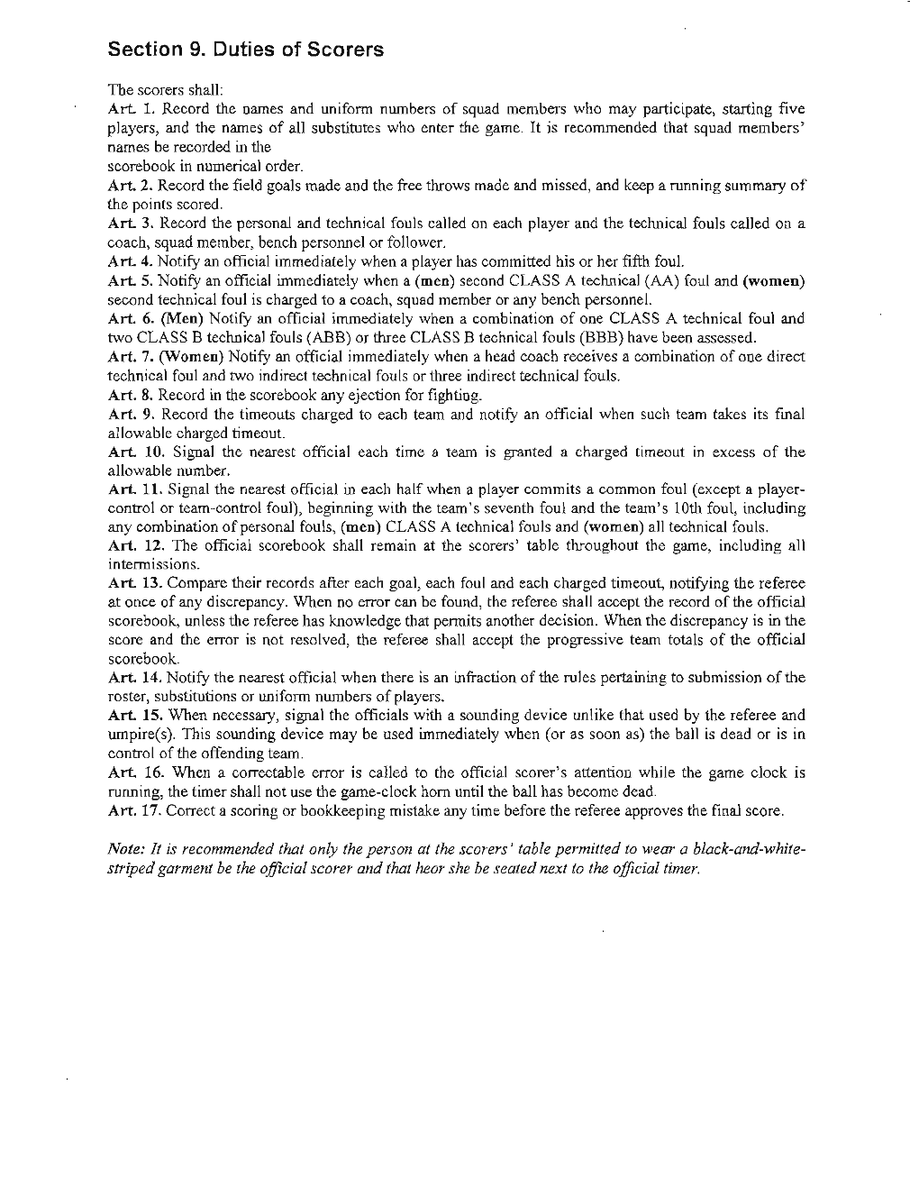 Section 9. Duties of Scorers