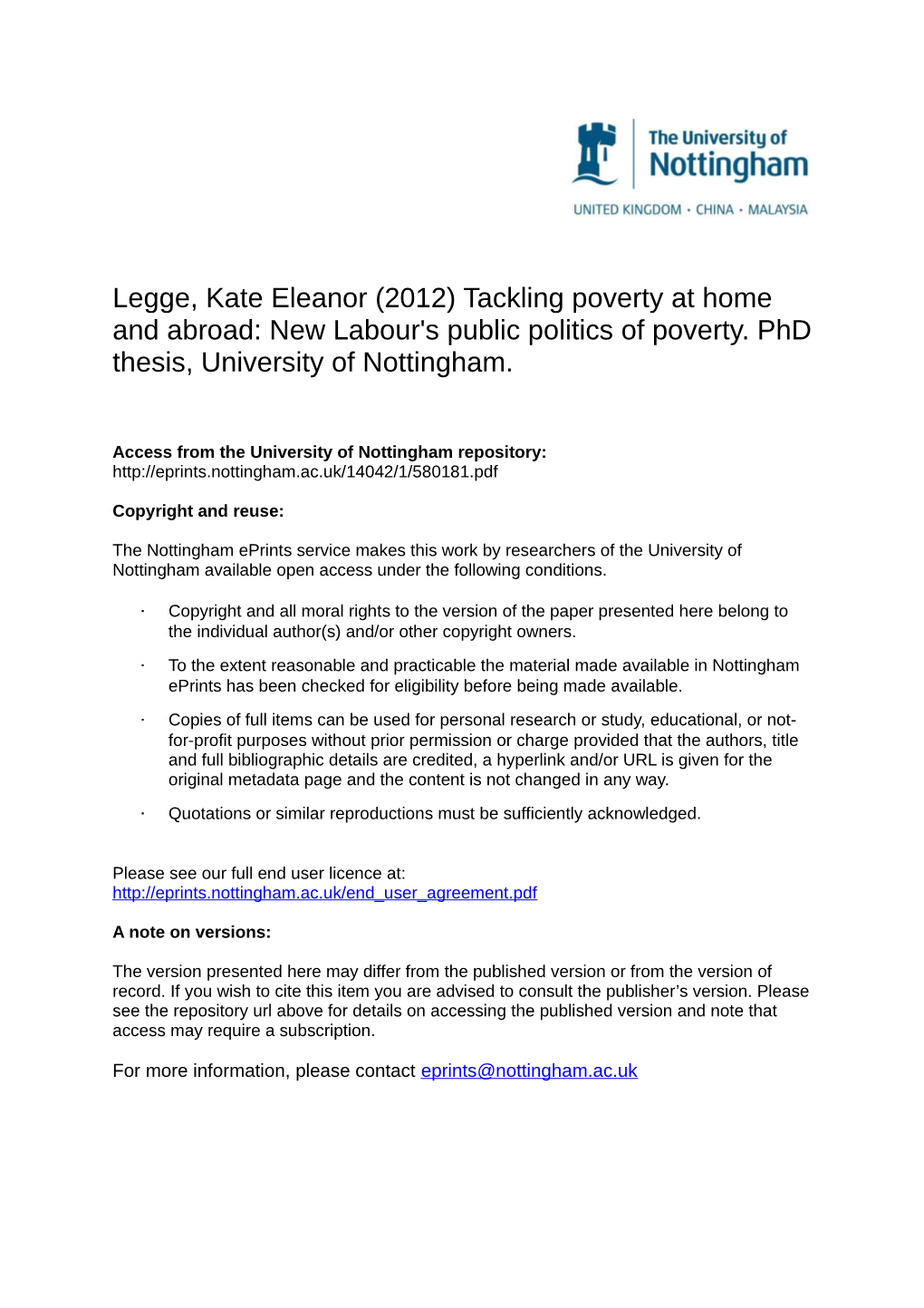 New Labour's Public Politics of Poverty. Phd Thesis, University of Nottingham
