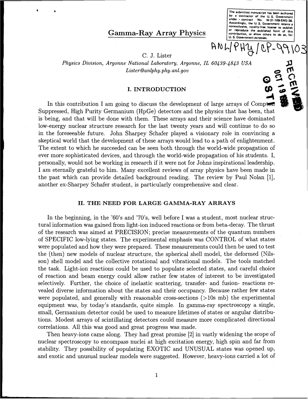 Gamma-Ray Array Physics Fcontribution, Or Allow Othem M Da M, For