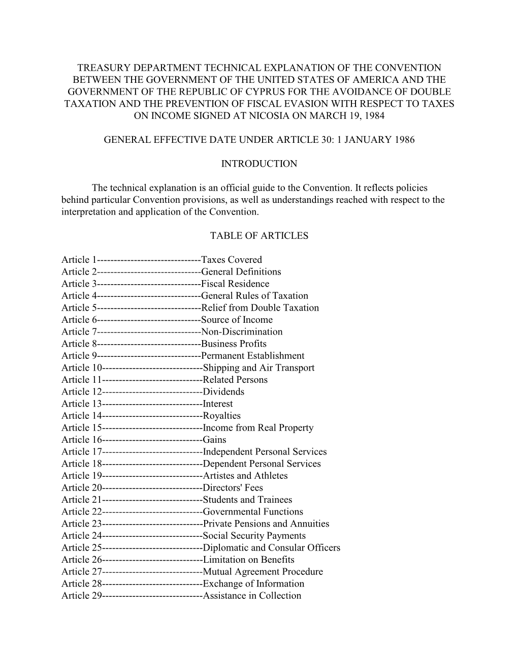 Treasury Department Technical Explanation of the Convention Between the Government of the United States of America and the Gover