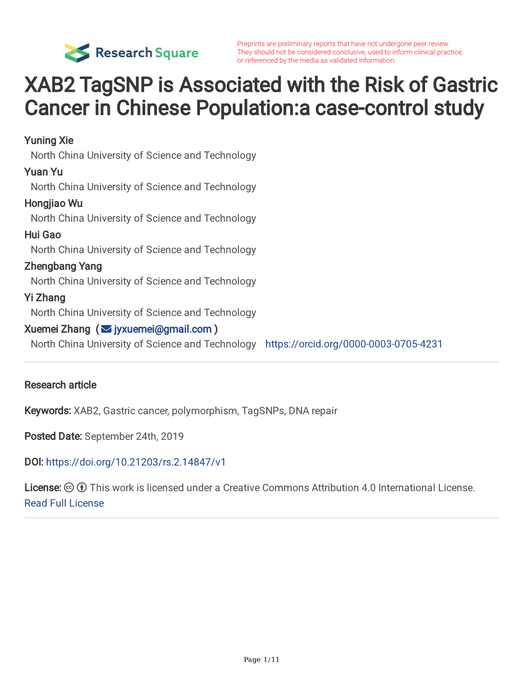 XAB2 Tagsnp Is Associated with the Risk of Gastric Cancer in Chinese Population:A Case-Control Study