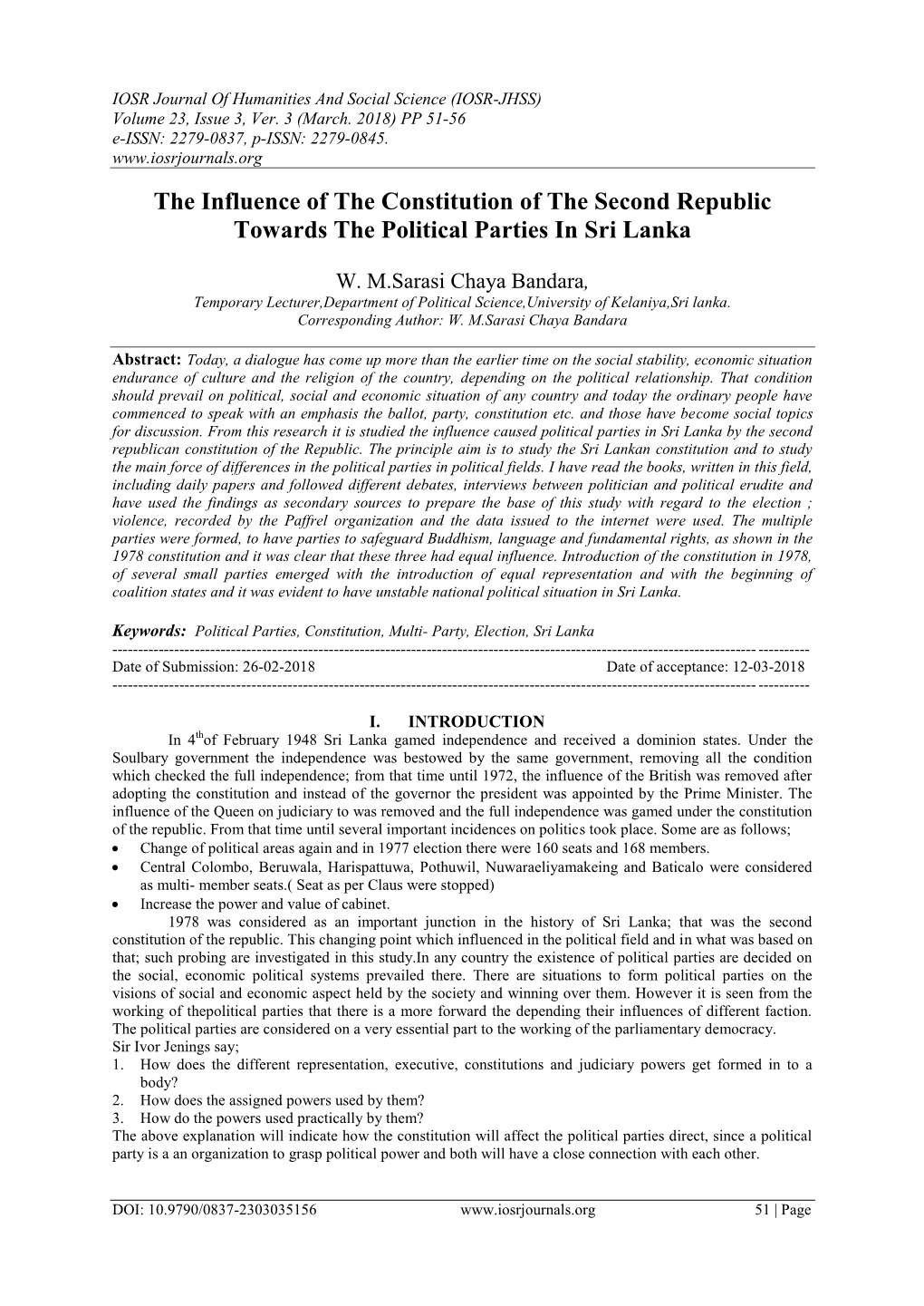 The Influence of the Constitution of the Second Republic Towards the Political Parties in Sri Lanka
