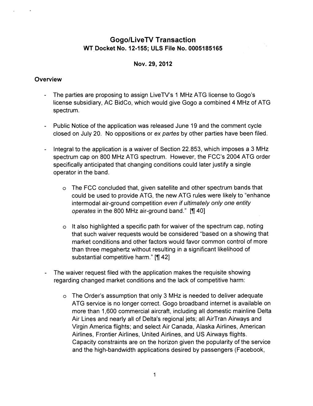 Gogo/Livetv Transaction WT Docket No