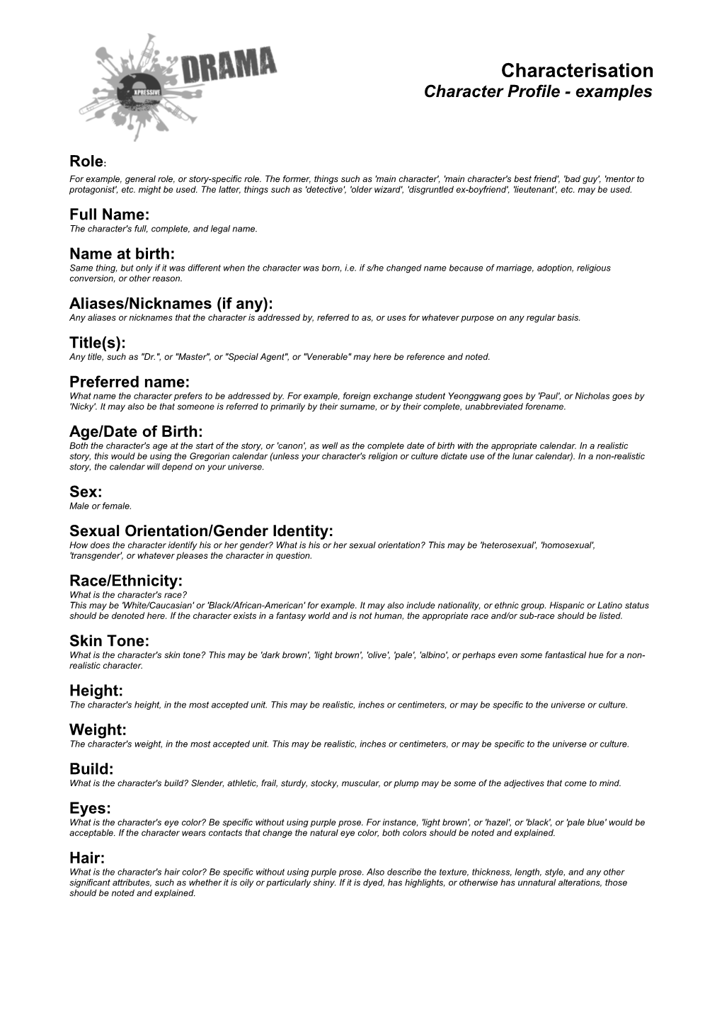 Characterisationcharacter Profile - Examples