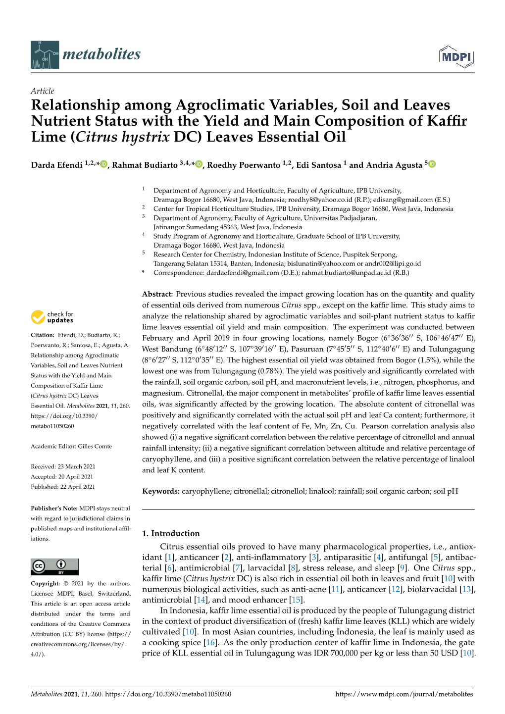 Relationship Among Agroclimatic Variables, Soil and Leaves Nutrient Status with the Yield and Main Composition of Kaffir Lime