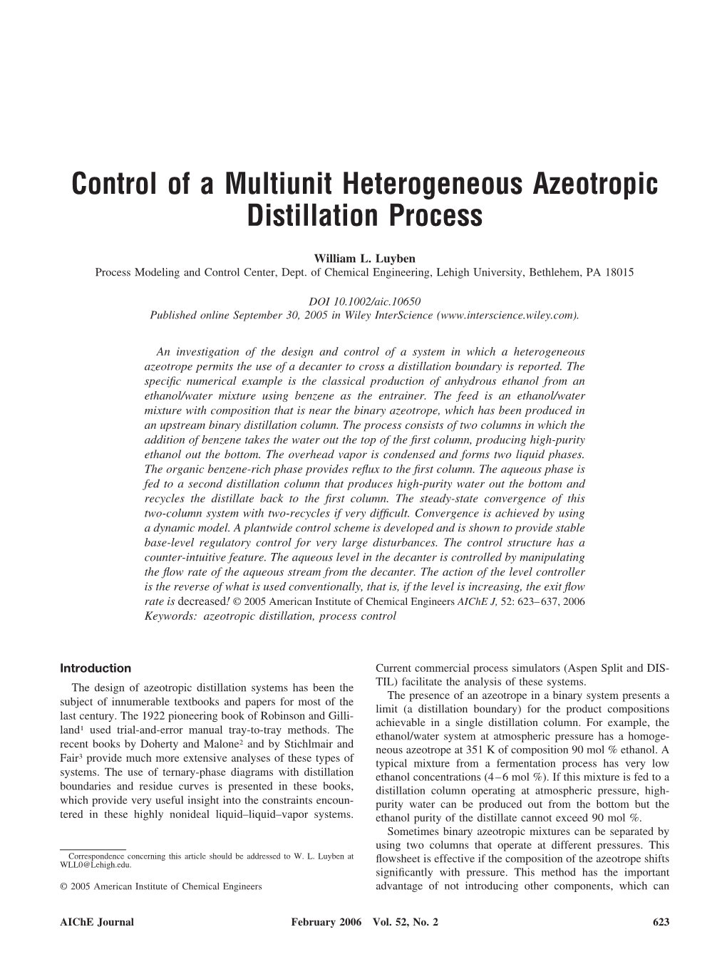 Control of a Multiunit Heterogeneous Azeotropic Distillation Process