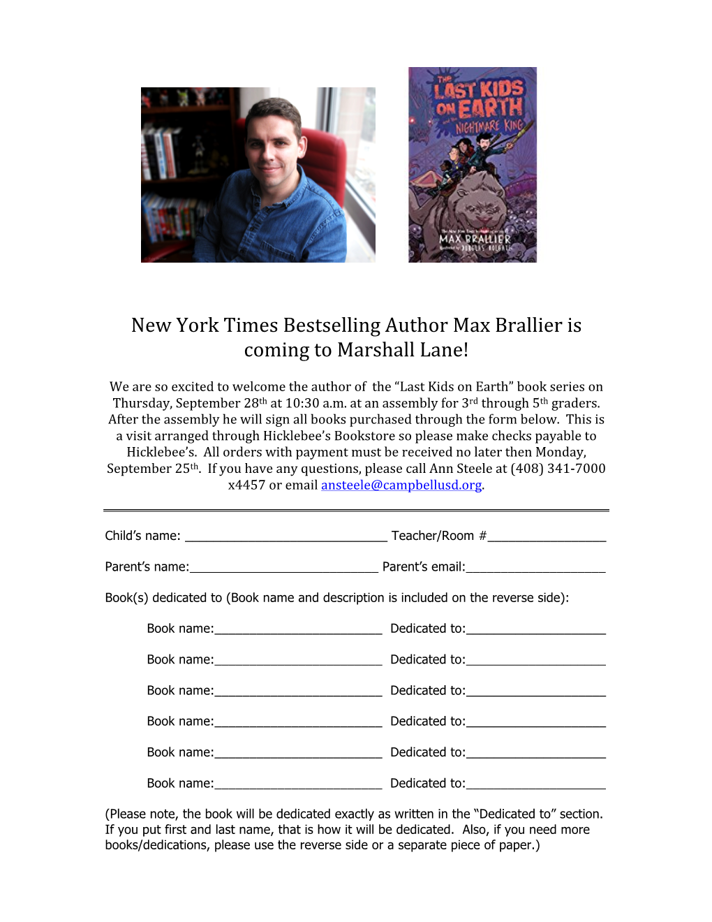 New York Times Bestselling Author Max Brallier Is Coming to Marshall Lane!
