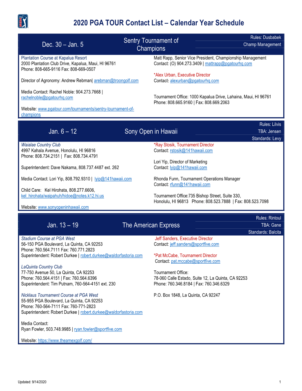 2020 PGA TOUR Contact List – Calendar Year Schedule