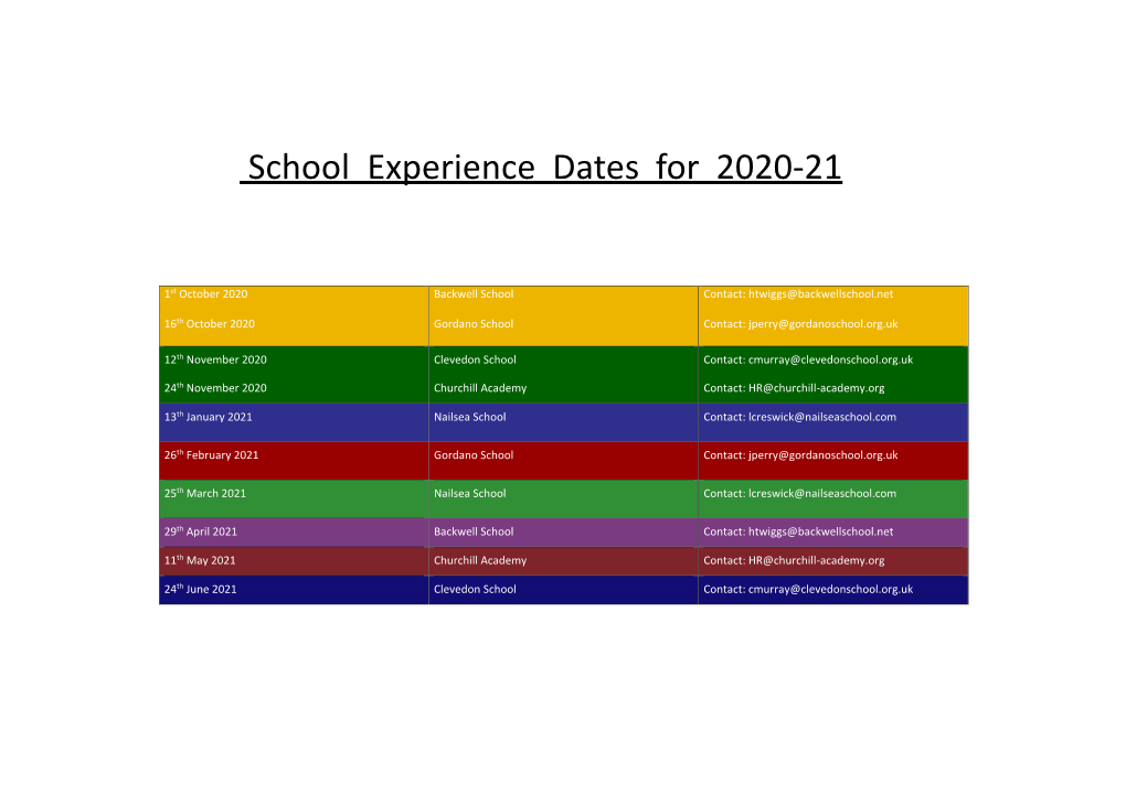 School Experience Dates for 2020-21
