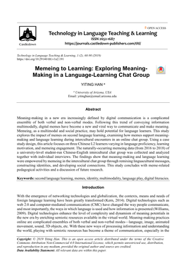 Memeing to Learning: Exploring Meaning-Making in a Language-Learning Chat Group 69