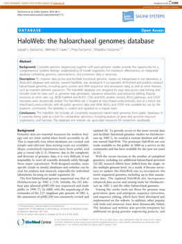 The Haloarchaeal Genomes Database Satyajit L Dassarma1, Melinda D Capes1,2, Priya Dassarma1, Shiladitya Dassarma1,2*