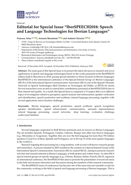 Editorial for Special Issue “Iberspeech2018: Speech and Language Technologies for Iberian Languages”