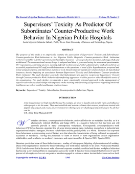 Supervisors' Toxicity As Predictor of Subordinates' Counter-Productive