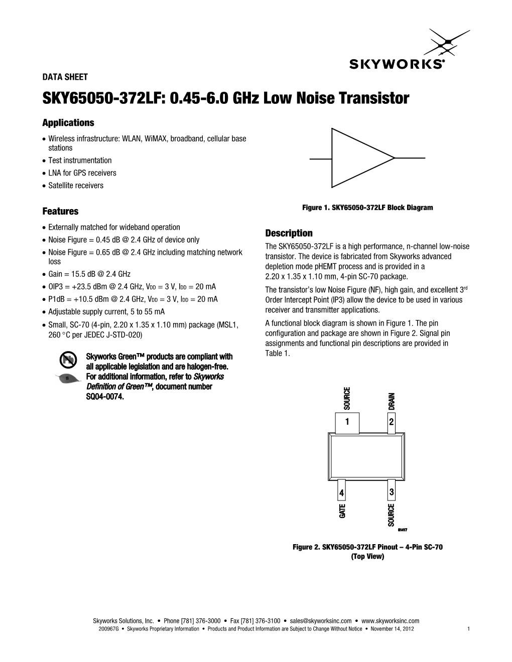 Data Sheets SKY65050-372LF: 0.45-6.0 Ghz Low Noise Transistor