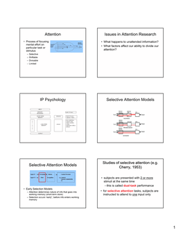 Attention Issues in Attention Research IP Psychology Selective Attention Models Selective Attention Models