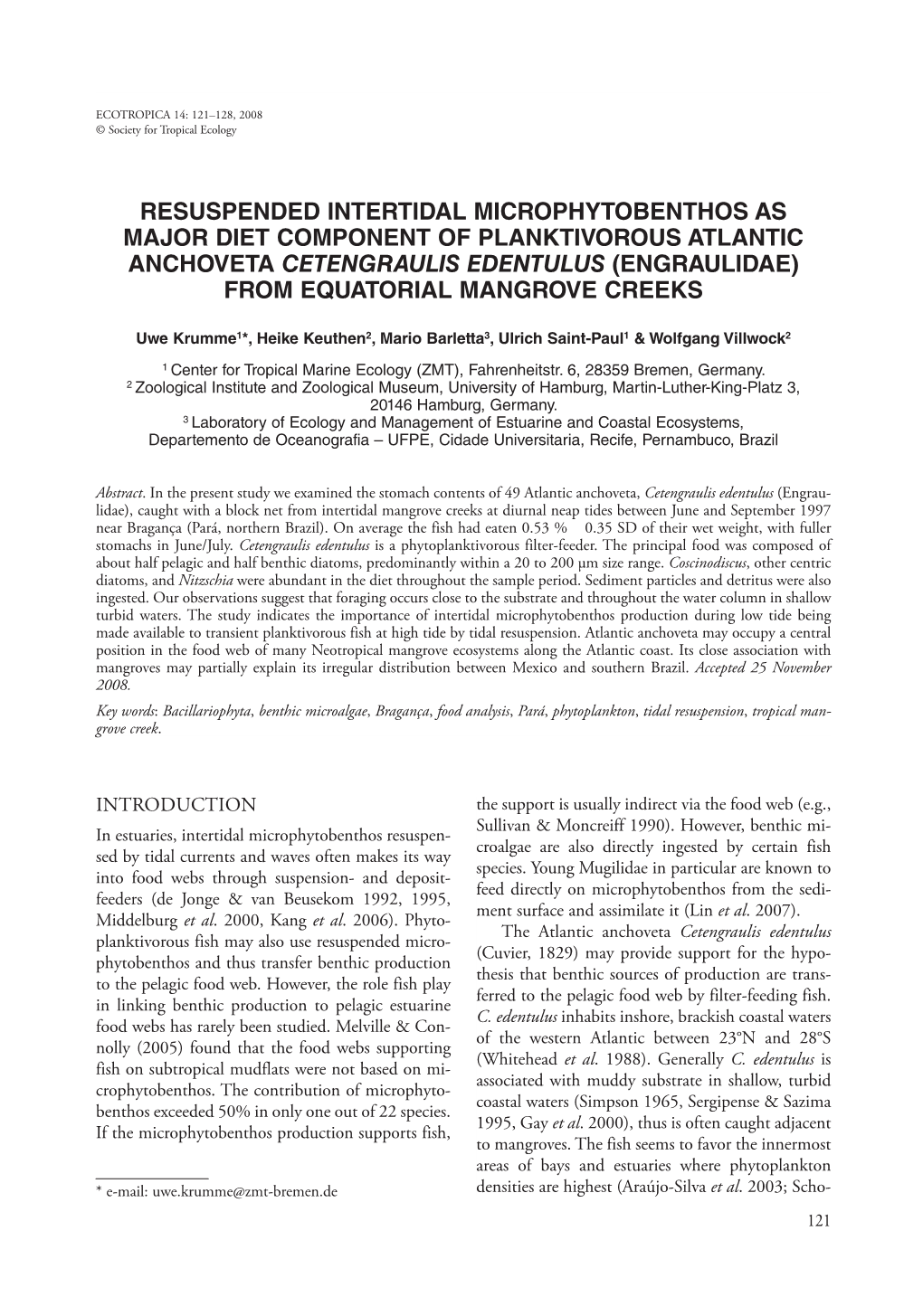 Resuspended Intertidal Microphytobenthos As Major Diet Component of Planktivorous Atlantic Anchoveta Cetengraulis Edentulus (E