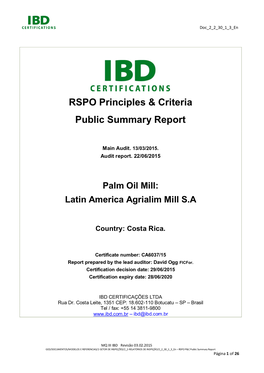 RSPO Principles & Criteria Public Summary Report