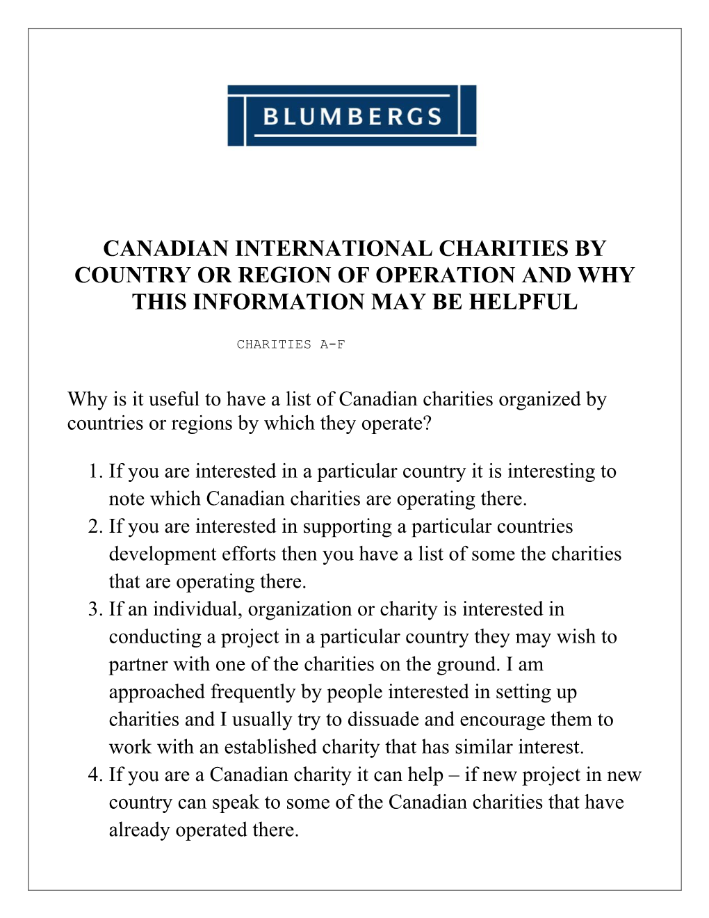 Canadian International Charities by Country Or Region of Operation and Why This Information May Be Helpful