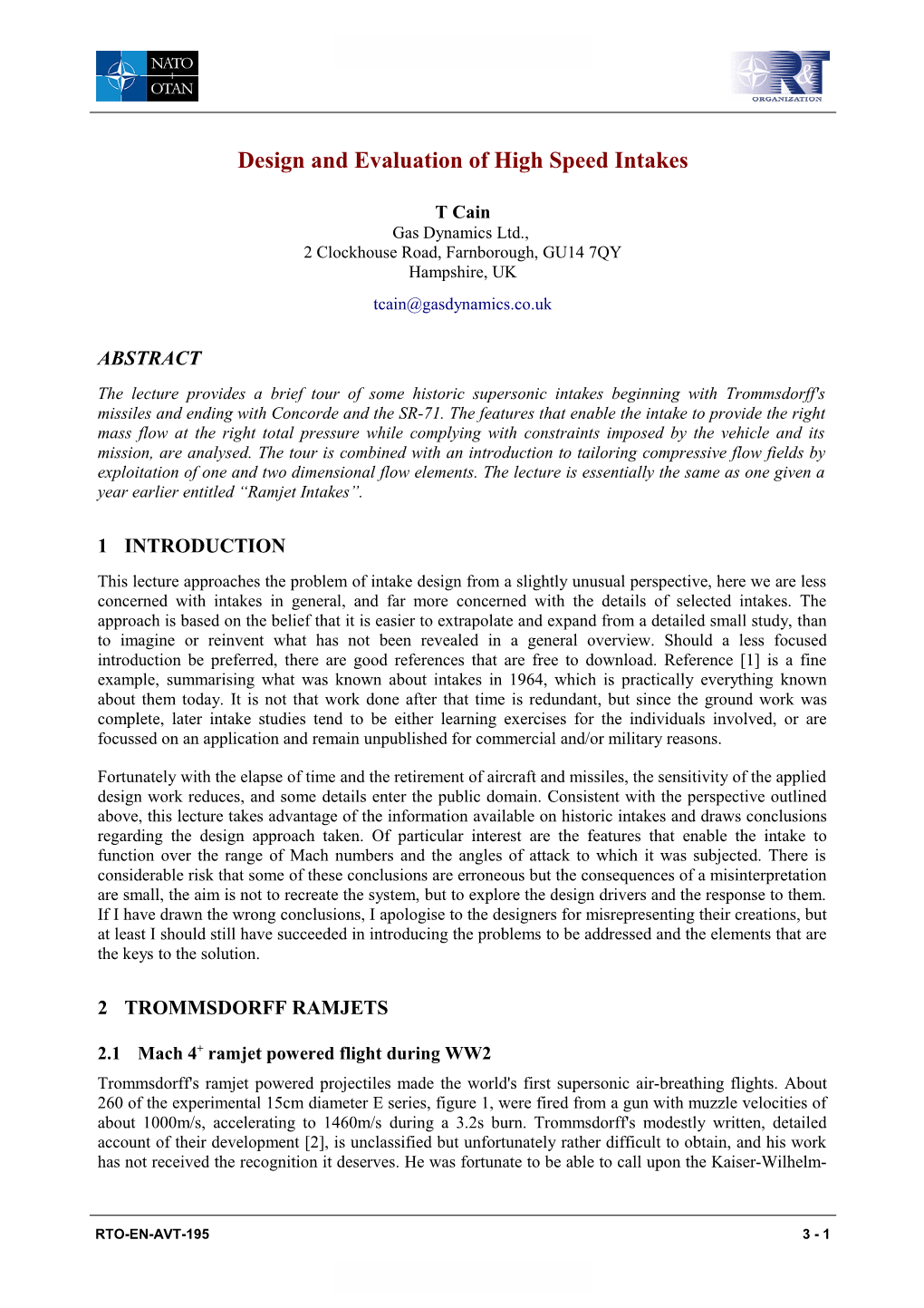 Design and Evaluation of High Speed Intakes