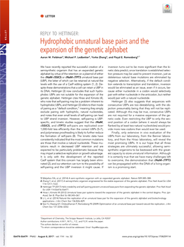 Hydrophobic Unnatural Base Pairs and the Expansion of the Genetic Alphabet Aaron W