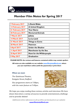 Member Film Notes for Spring 2017