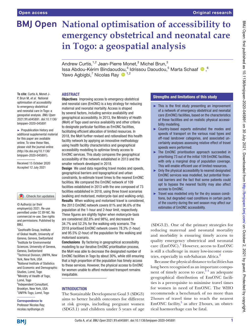 National Optimisation of Accessibility to Emergency Obstetrical and Neonatal Care in Togo: a Geospatial Analysis