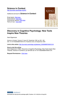 Science in Context Discovery in Cognitive Psychology: New Tools Inspire New Theories