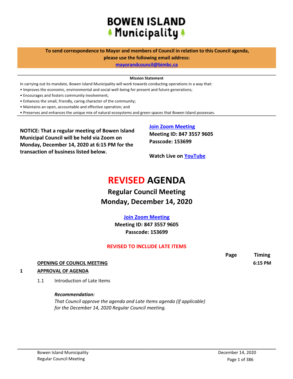 Regular Council Meeting Monday, December 14, 2020