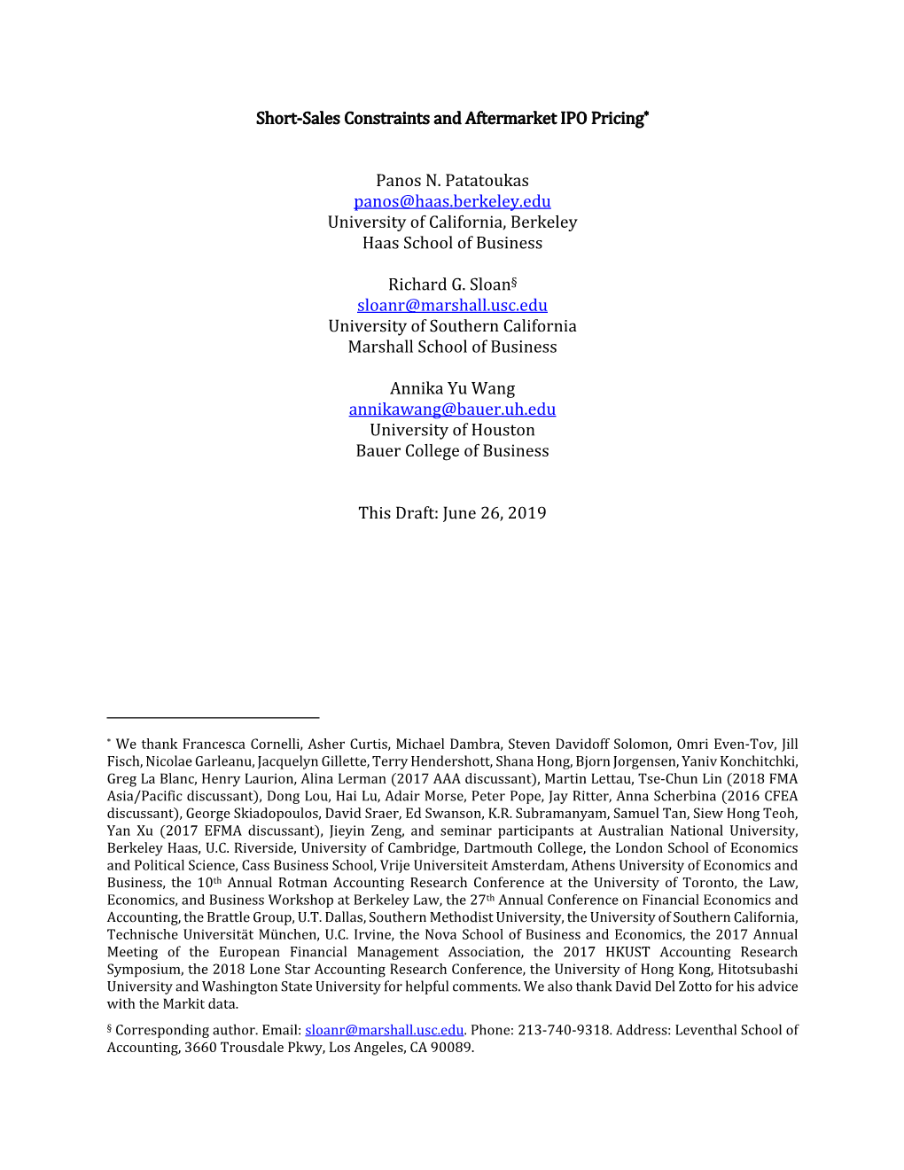 Short-Sales Constraints and Aftermarket IPO Pricing* Panos N