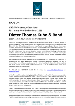 VADDI Concerts Präsentiert: Für Immer Und Dich – Tour 2018 Dieter Thomas Kuhn & Band Geben Endlich Tourtermine Für 2018 Bekannt!